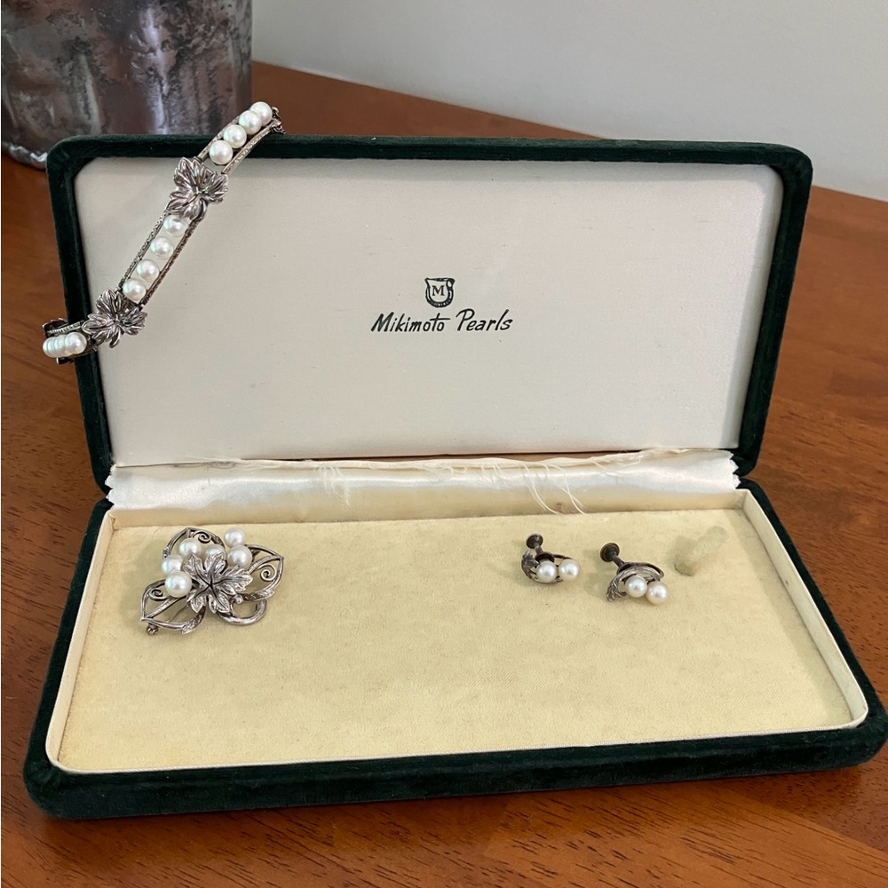 Vintage MIKIMOTO Sterling Silver Akoya Cultured Pearl Brooch, Bracelet, Earrings